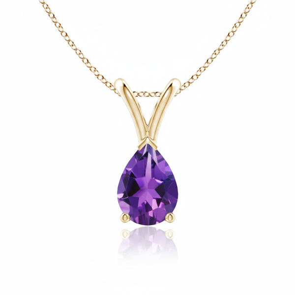 Pear-Cut Amethyst Solitaire Pendant in 14K Yellow Gold with Modern V-Bale
