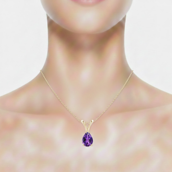 Pear-Cut Amethyst Solitaire Pendant in 14K Yellow Gold with Modern V-Bale
