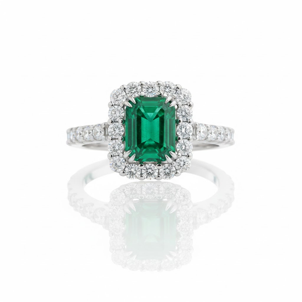 Classic Cushion Emerald Halo Ring with Lab Grown Diamond Accents