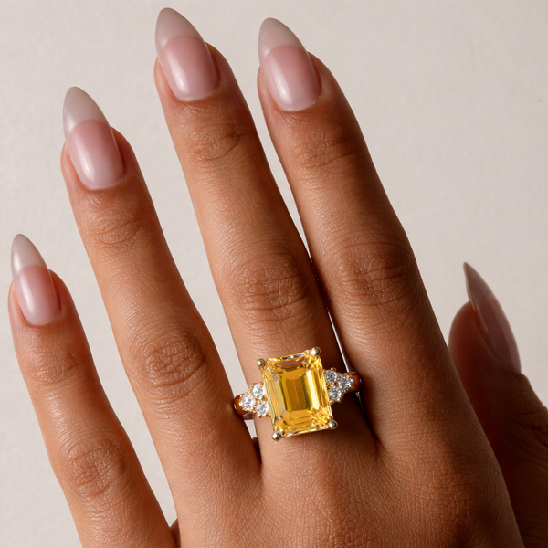 Emerald-Cut Citrine and Diamond Three-Stone Ring