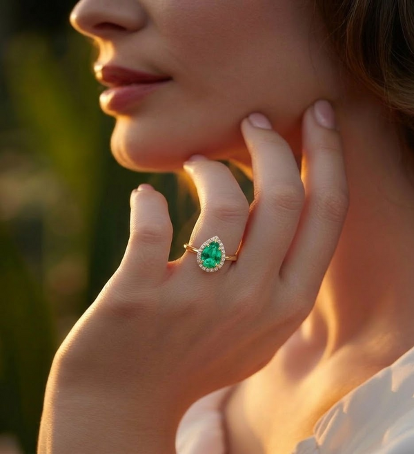 Classic Pear Emerald Halo Ring with Brilliant Accents Lab Grown