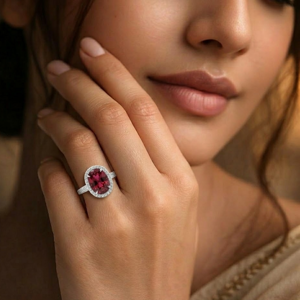 Oval Cut Lab Grown Ruby Halo Ring with Tapered Diamond Accents