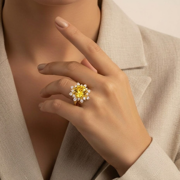 The Sunbeam | Oval Citrine with Tapered Sunburst Halo