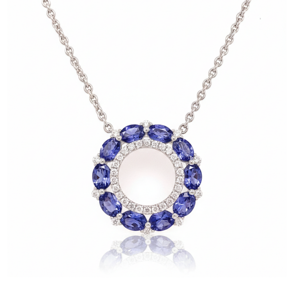 Natural Blue Sapphire Halo Pendant in 14K White Gold with Diamond Accents