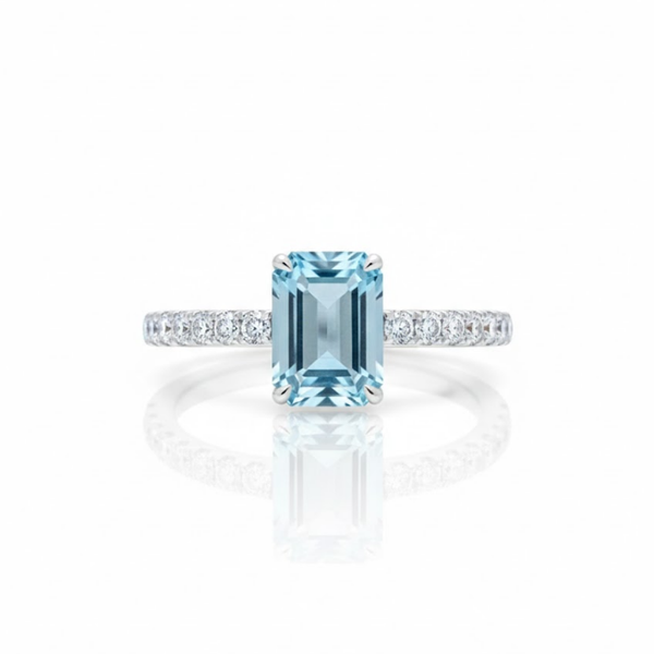 Emerald-Cut Blue Topaz Solitaire Ring in 14K White Gold with Pavé Diamond Band