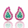 Vivid Pear-Cut Emerald Cluster Earrings with Ruby Cabochon Border
