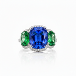 Blue Sapphire Solitaire with Cushion-Cut Emerald Side Stones Lab Grown Diamond