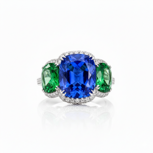 Blue Sapphire Solitaire with Cushion-Cut Emerald Side Stones Lab Grown Diamond