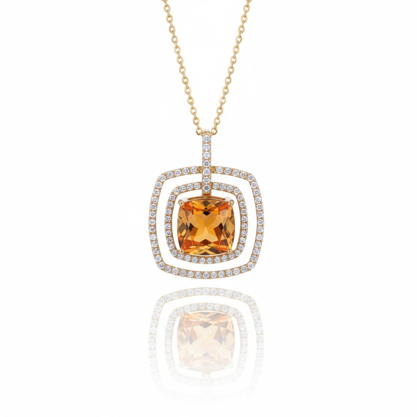 Cushion-Cut Citrine Double Halo Pendant in 14K Yellow Gold with Diamond Accents