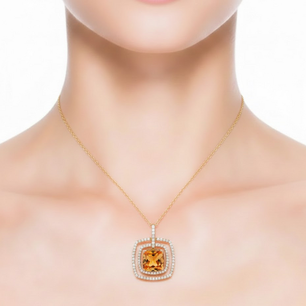 Cushion-Cut Citrine Double Halo Pendant in 14K Yellow Gold with Diamond Accents