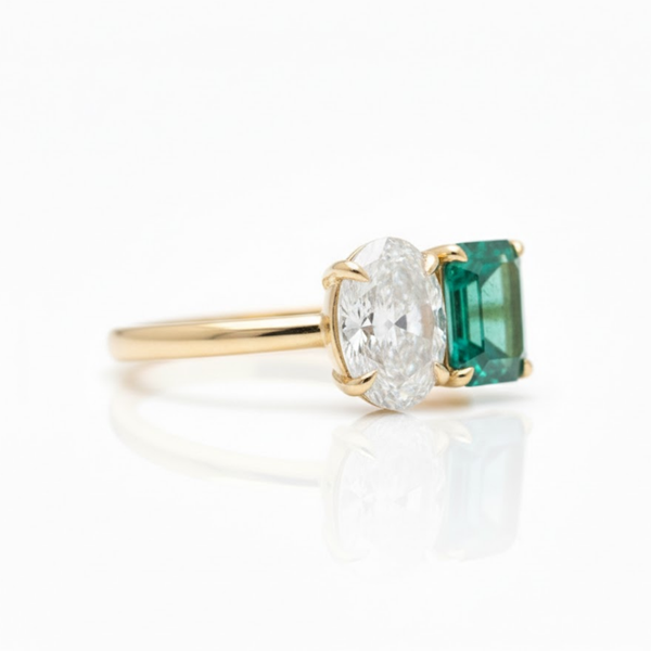 Cushion-Cut Emerald and Oval Lab Grown Diamond Duo Solitaire Ring