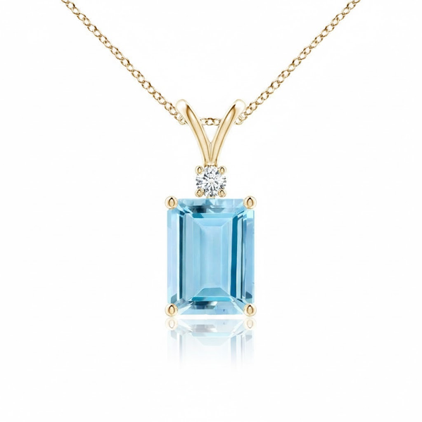 Emerald-Cut Blue Topaz Pendant in 14K Yellow Gold with Diamond V-Bale