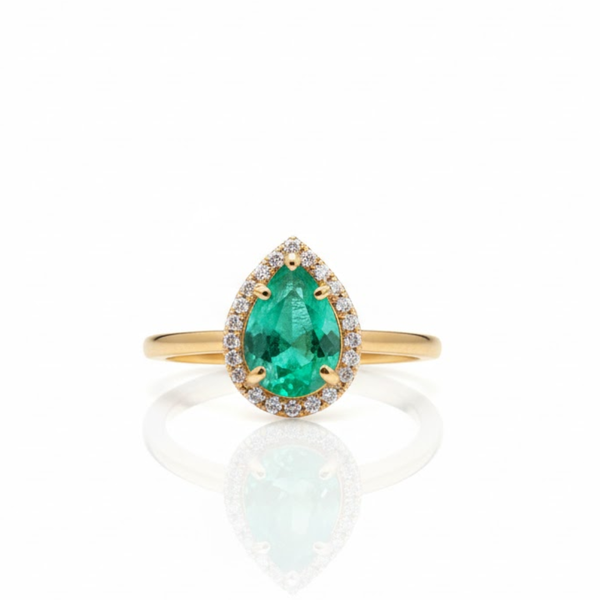 Classic Pear Emerald Halo Ring with Brilliant Accents Lab Grown