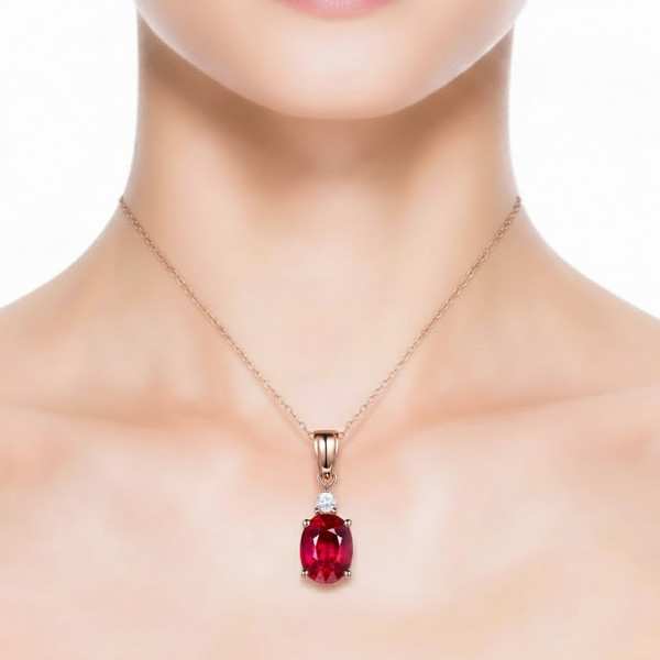 Oval-Cut Ruby Solitaire Pendant in 14KGold with Diamond Accent