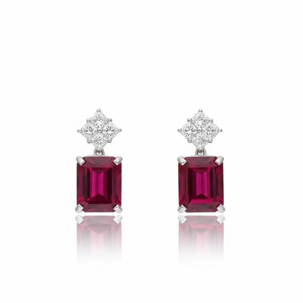 Cushion-Cut Ruby Drop Earrings with Diamond Cluster Accents