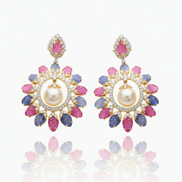 Carved Pink and Blue Tourmaline Floral Earrings with South Sea Pearl Centers