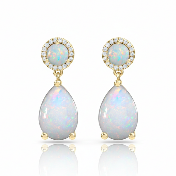 Tiered Pear and Round-Cut Opal Drop Earrings with Diamond Halo