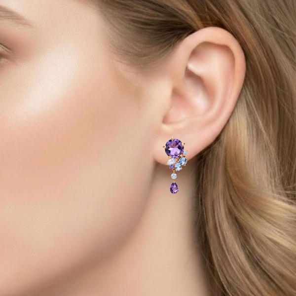 Oval and Pear-Cut Amethyst Drop Earrings with Blue Topaz Cluster Accents