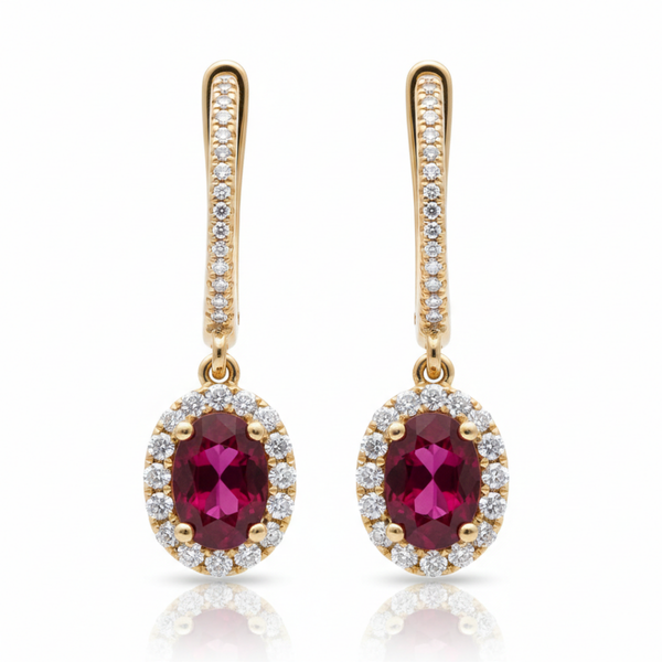 Oval-Cut Ruby Halo Drop Earrings with Diamond-Set Leverbacks