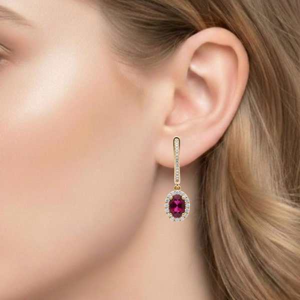 Oval-Cut Ruby Halo Drop Earrings with Diamond-Set Leverbacks