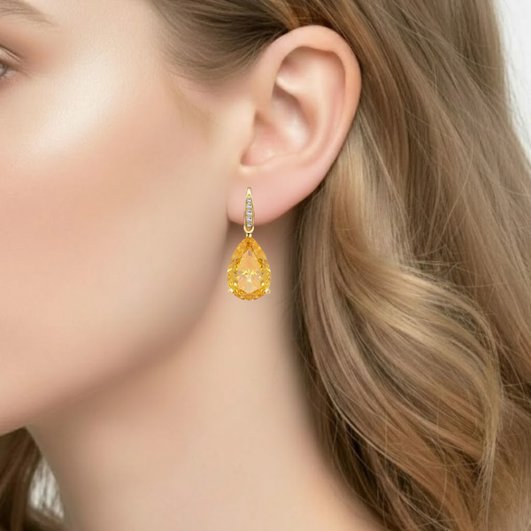 Pear-Cut Citrine and Diamond Lever-Back Earrings