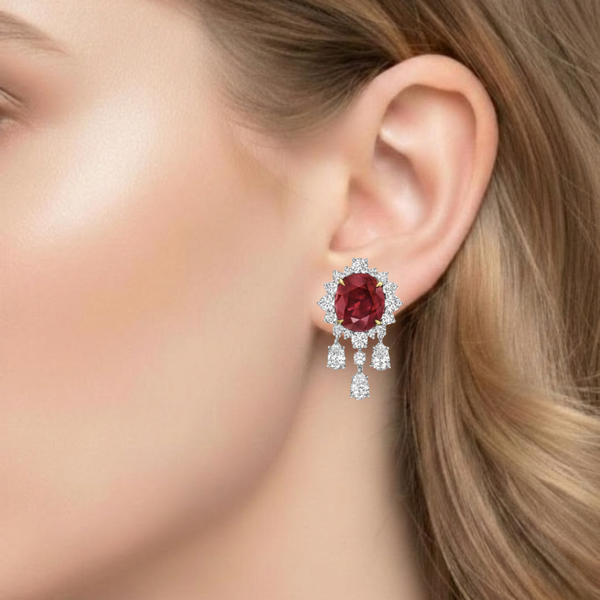Oval-Cut Ruby Chandelier Earrings with Radiant Diamond Fringe