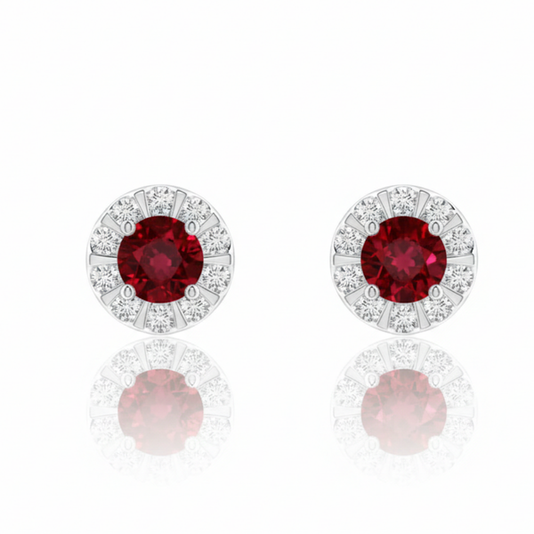 Round-Cut Ruby Stud Earrings with White Gold Architectural Diamond Halo