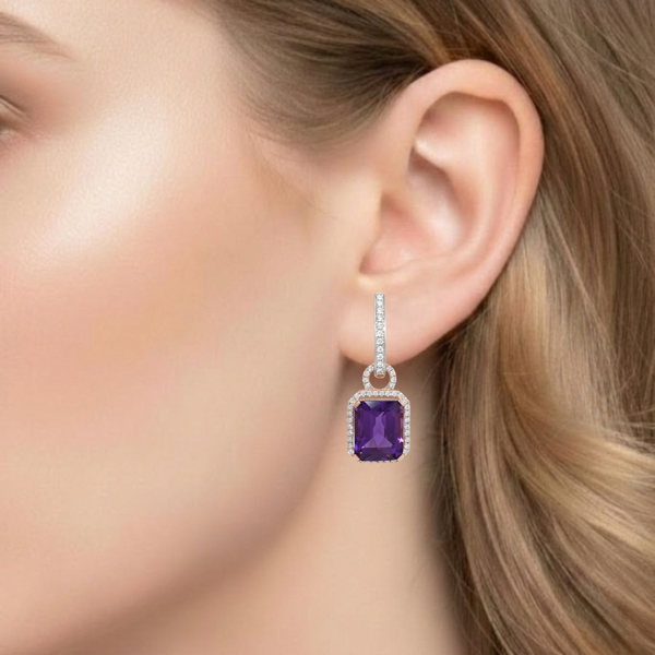 Cushion-Cut Amethyst Drop Earrings with Rose Gold Diamond Halo