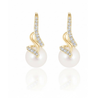 Natural Freshwater Pearl Drop Earrings in 14K Yellow Gold with Diamond Swirls
