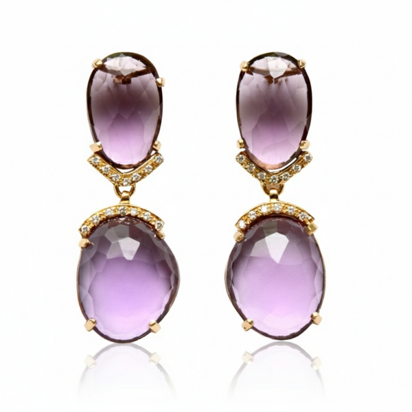 Oval -Cut Amethyst Drop Earrings with Intricate Round-Cut Blossom Tops