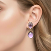 Oval -Cut Amethyst Drop Earrings with Intricate Round-Cut Blossom Tops