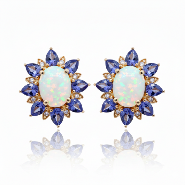 Amaryllis Scalloped Natural Opal with Pear - Cut Blue Sapphire