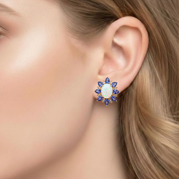 Amaryllis Scalloped Natural Opal with Pear - Cut Blue Sapphire