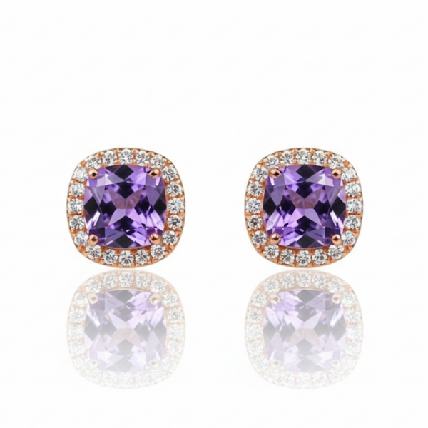Cushion-Cut Amethyst Stud earrings with Diamond Halo