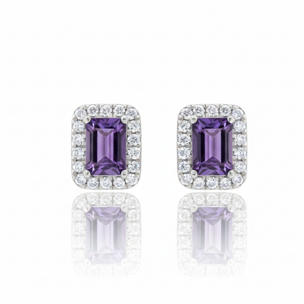 Radiant-Shaped Amethyst Stud earrings with Diamond Halo