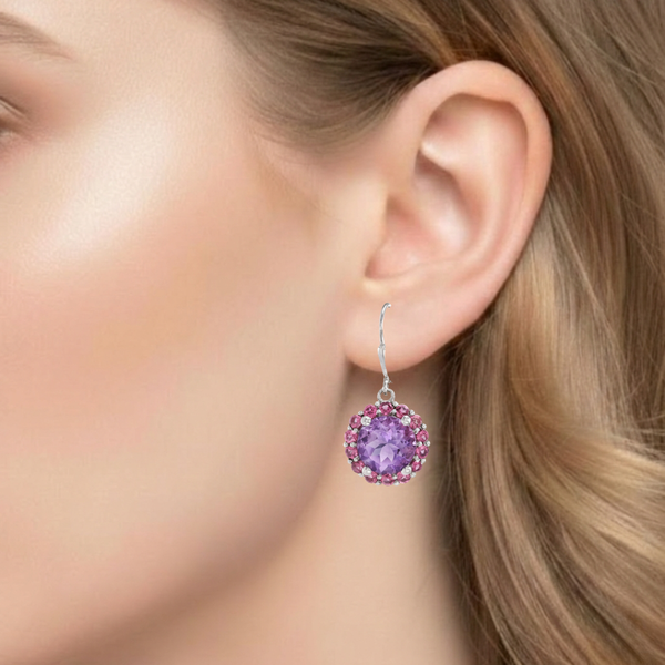 Round-Cut Amethyst and Ruby Halo Drop Earrings in White Gold