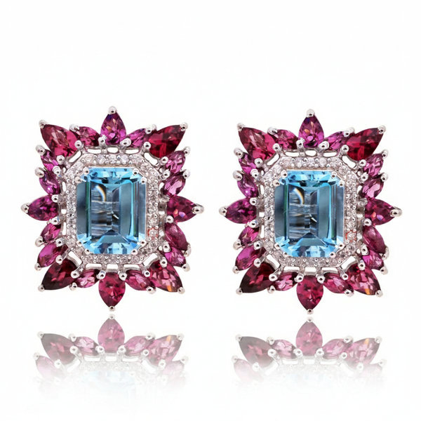 Cushion-Cut Blue Topaz Stud Earrings with Pear-Cut Ruby Sunburst Halo