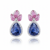 Blue Sapphire and Carved Ruby Drop Earrings in White Gold with Diamond Halo