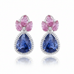Blue Sapphire and Carved Ruby Drop Earrings in White Gold with Diamond Halo