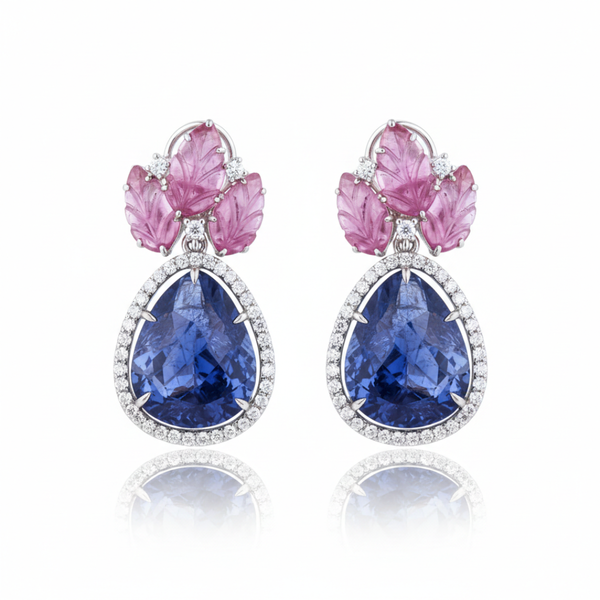 Blue Sapphire and Carved Ruby Drop Earrings in White Gold with Diamond Halo