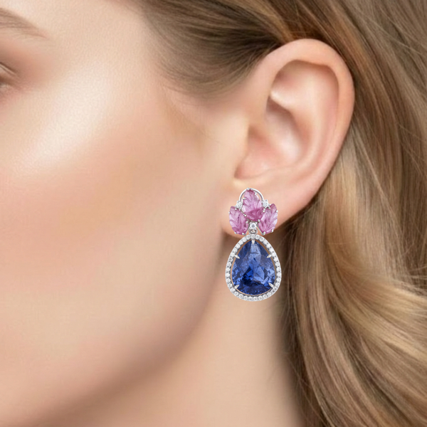 Blue Sapphire and Carved Ruby Drop Earrings in White Gold with Diamond Halo