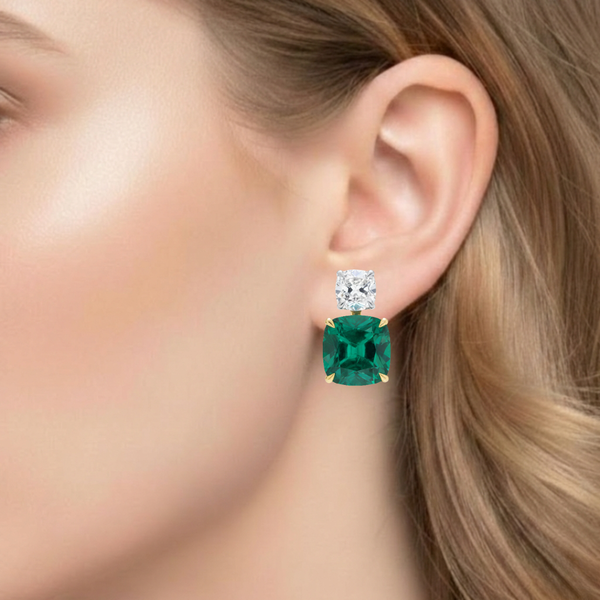 Cushion-Cut Emerald Drop Earrings with Brilliant Cushion Diamond Tops