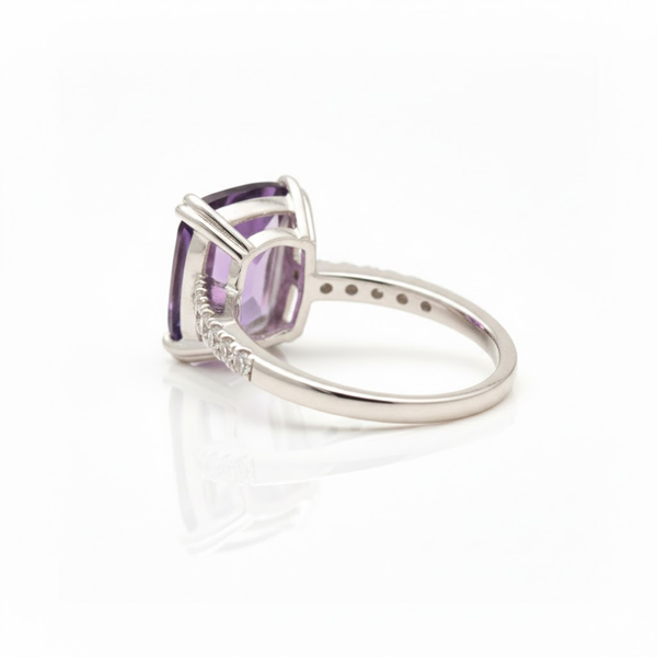 Cushion-Cut Amethyst Solitaire with Diamond Pavé Band