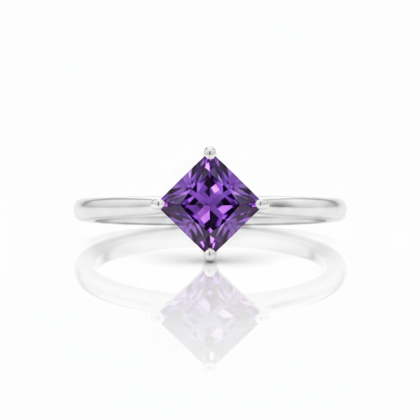 Princess-Cut Amethyst Solitaire on Polished White Gold Band