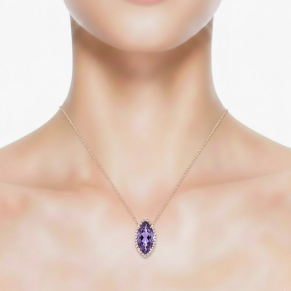 Marquise Amethyst pendant featuring a Shimmering Pave Diamond Border