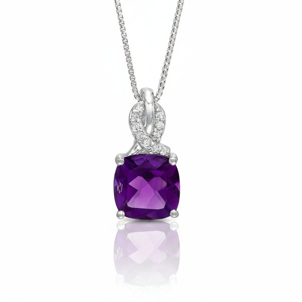 Cushion-Cut Amethyst Solitaire Pendant in Diamond-Set Infinity Bale