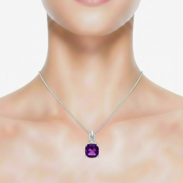 Cushion-Cut Amethyst Solitaire Pendant in Diamond-Set Infinity Bale