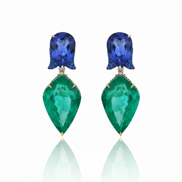 Pear-Cut Emerald Drop Earrings with Pear-Cut Blue Sapphire Tops