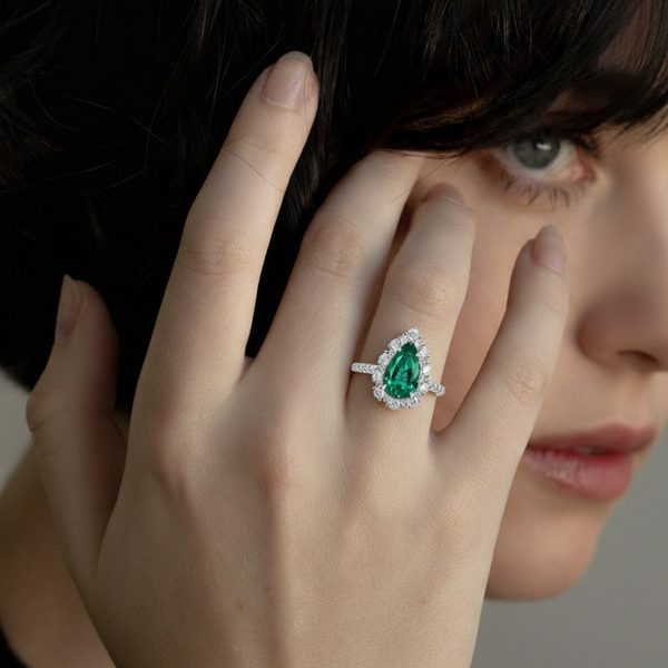 Pear-Cut Emerald Halo Ring with Lab Grown Diamond Accents