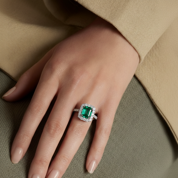 Classic Cushion Emerald Halo Ring with Lab Grown Diamond Accents